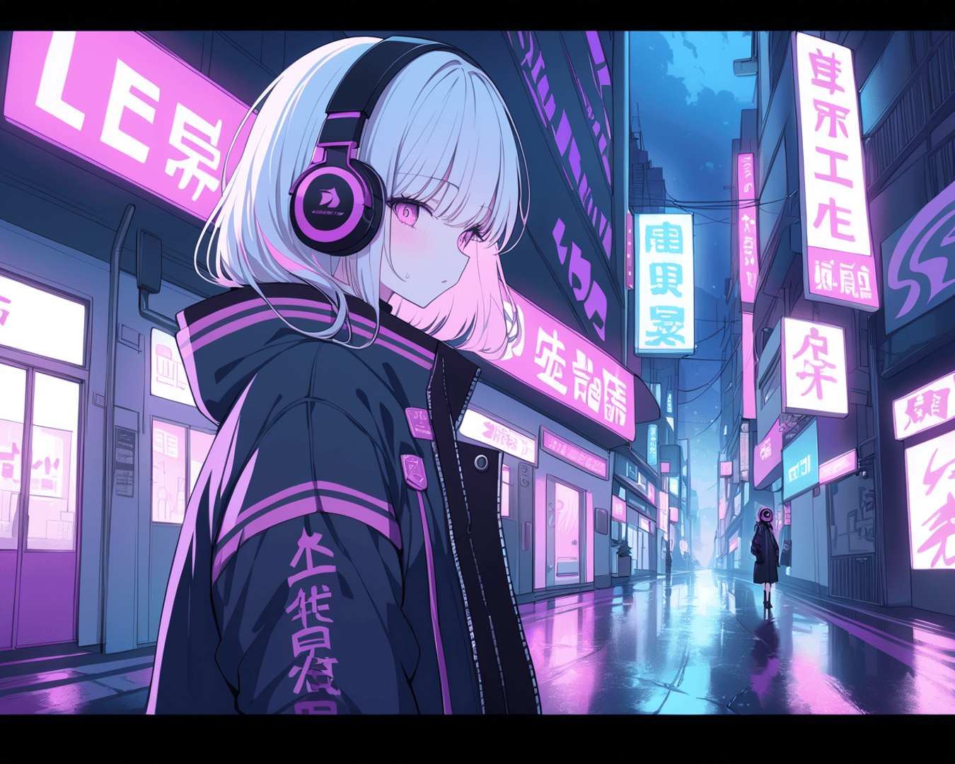 AI generated wallpaper featuring anime girl, city street, neon signs