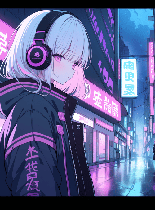 anime girl, city street, neon signs