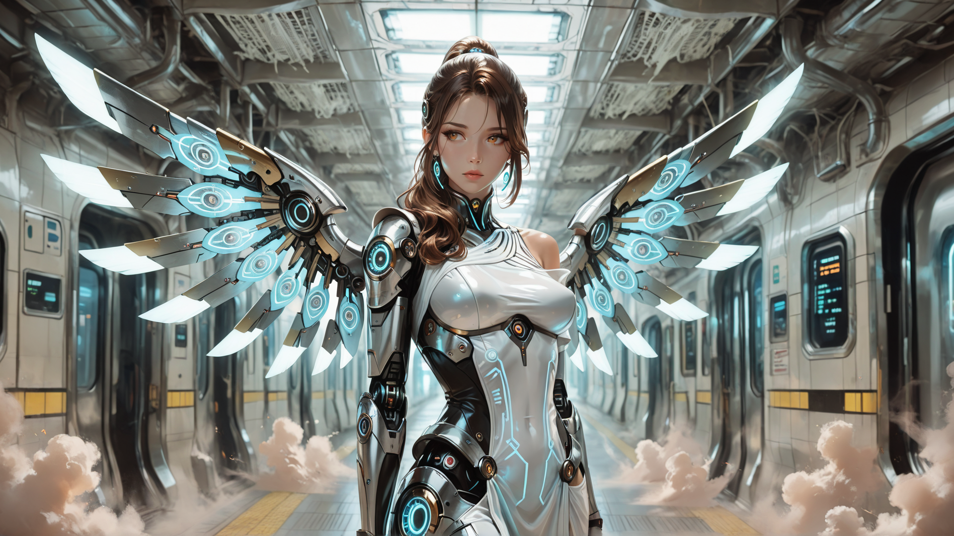 AI generated wallpaper featuring cyborg, woman, wings, robot, futuristic, train, station, armor, glow, mechanical