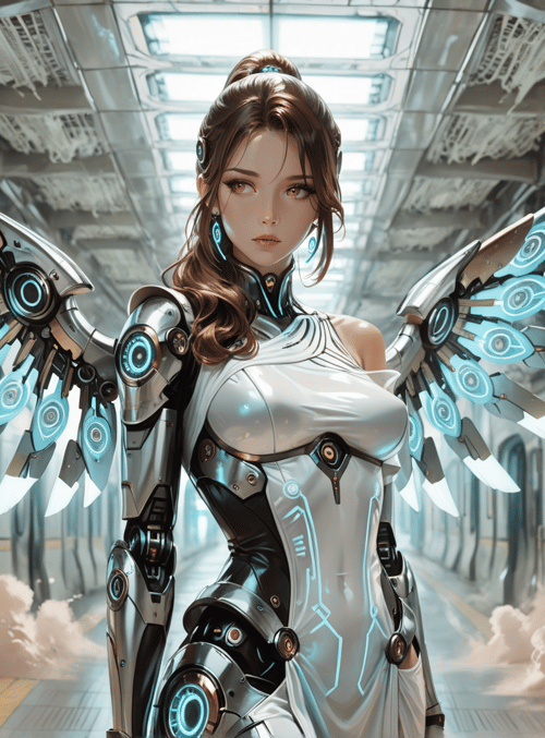 cyborg, woman, wings, robot, futuristic, train, station, armor, glow, mechanical