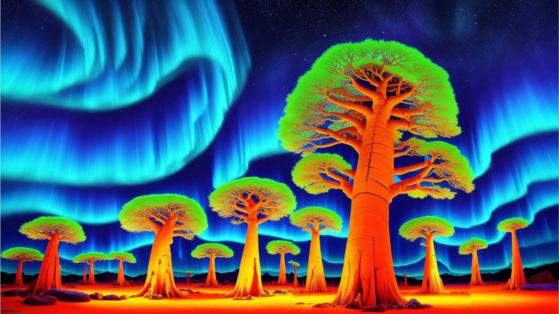 AI generated wallpaper featuring trees, aurora