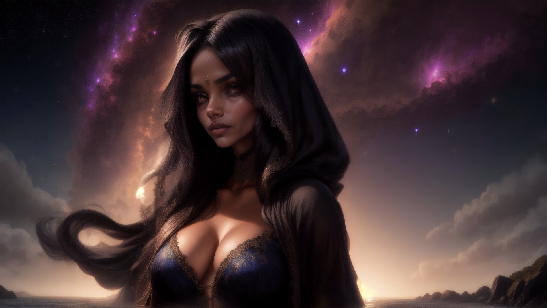AI generated wallpaper featuring woman, hood, cosmic