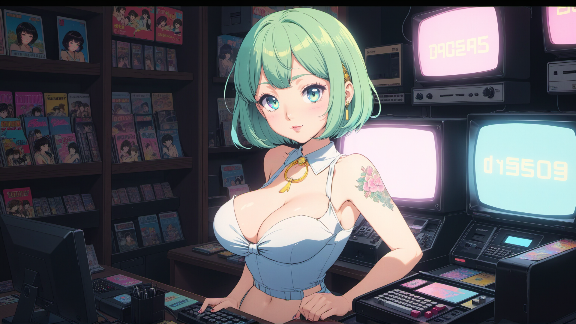 AI generated wallpaper featuring anime girl, retro arcade
