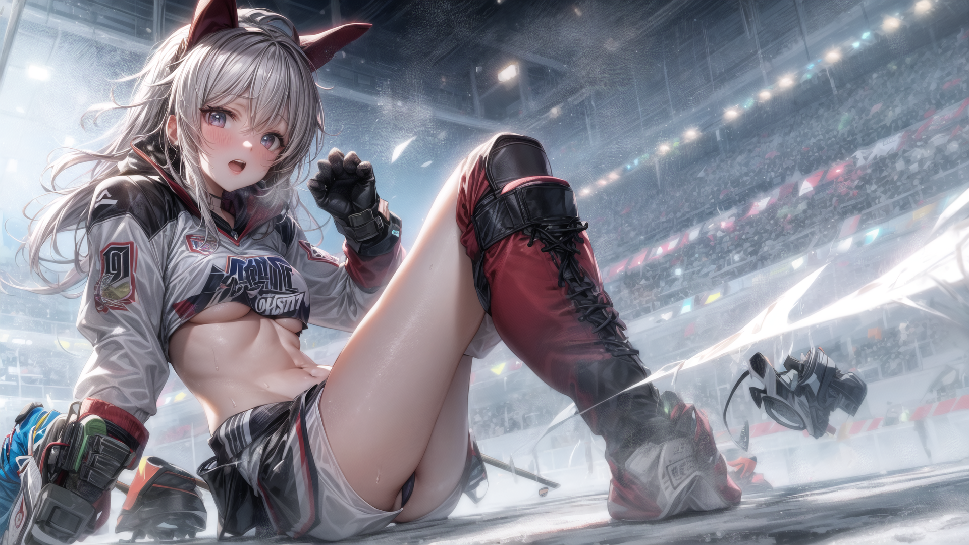 AI generated wallpaper featuring anime character, hockey player, female, athletic, cat ears, ice rink
