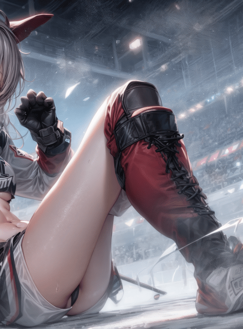 anime character, hockey player, female, athletic, cat ears, ice rink