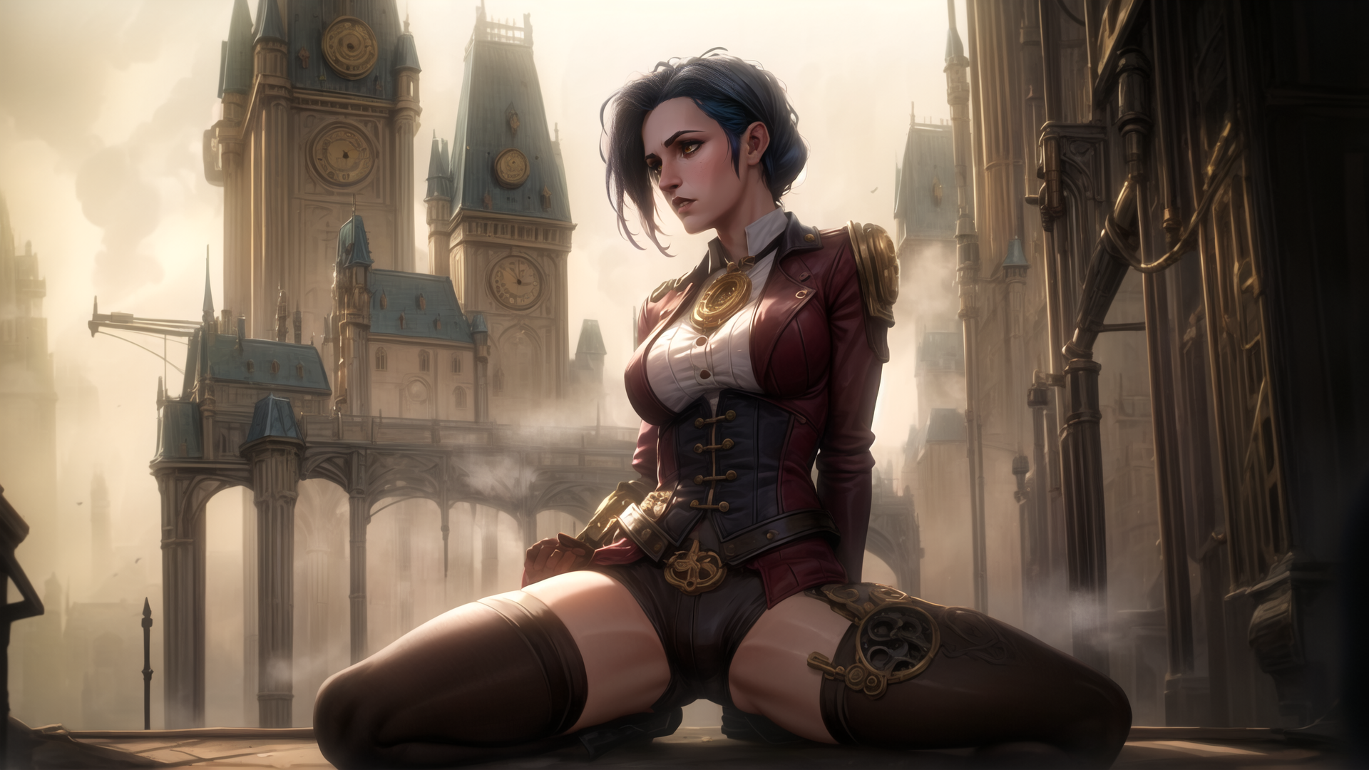 AI generated wallpaper featuring woman, clock tower, steampunk, cityscape, surreal