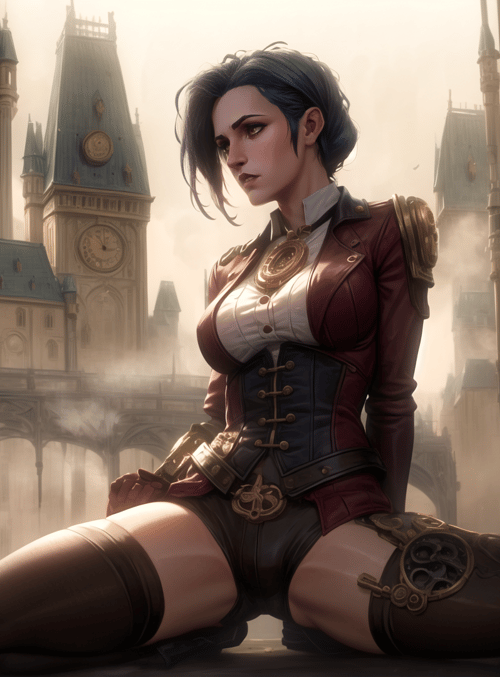 woman, clock tower, steampunk, cityscape, surreal