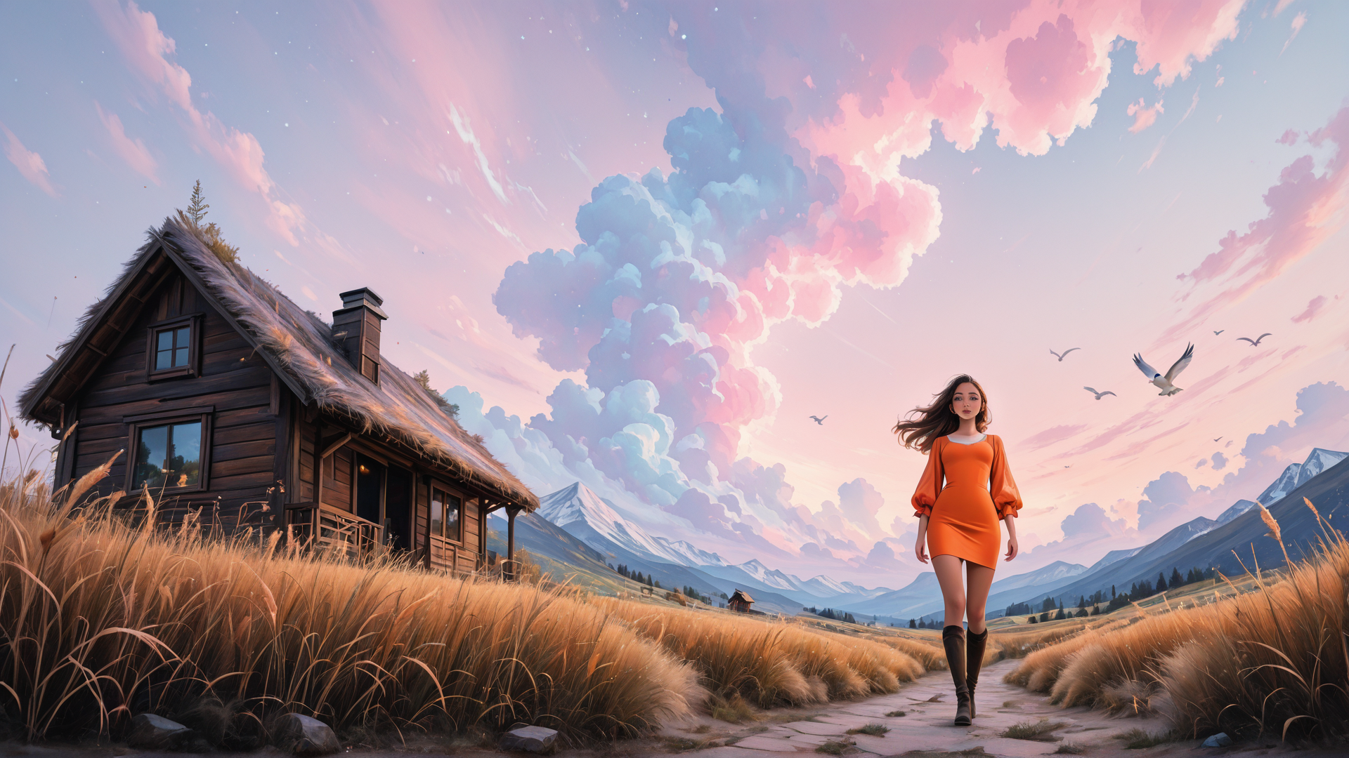AI generated wallpaper featuring woman, house, mountains