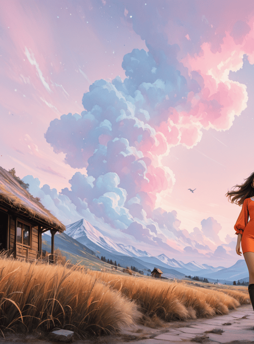 woman, house, mountains