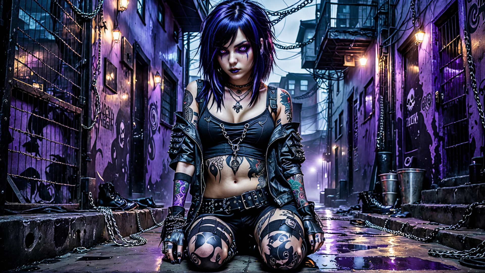 AI generated wallpaper featuring woman, tattoo, alley