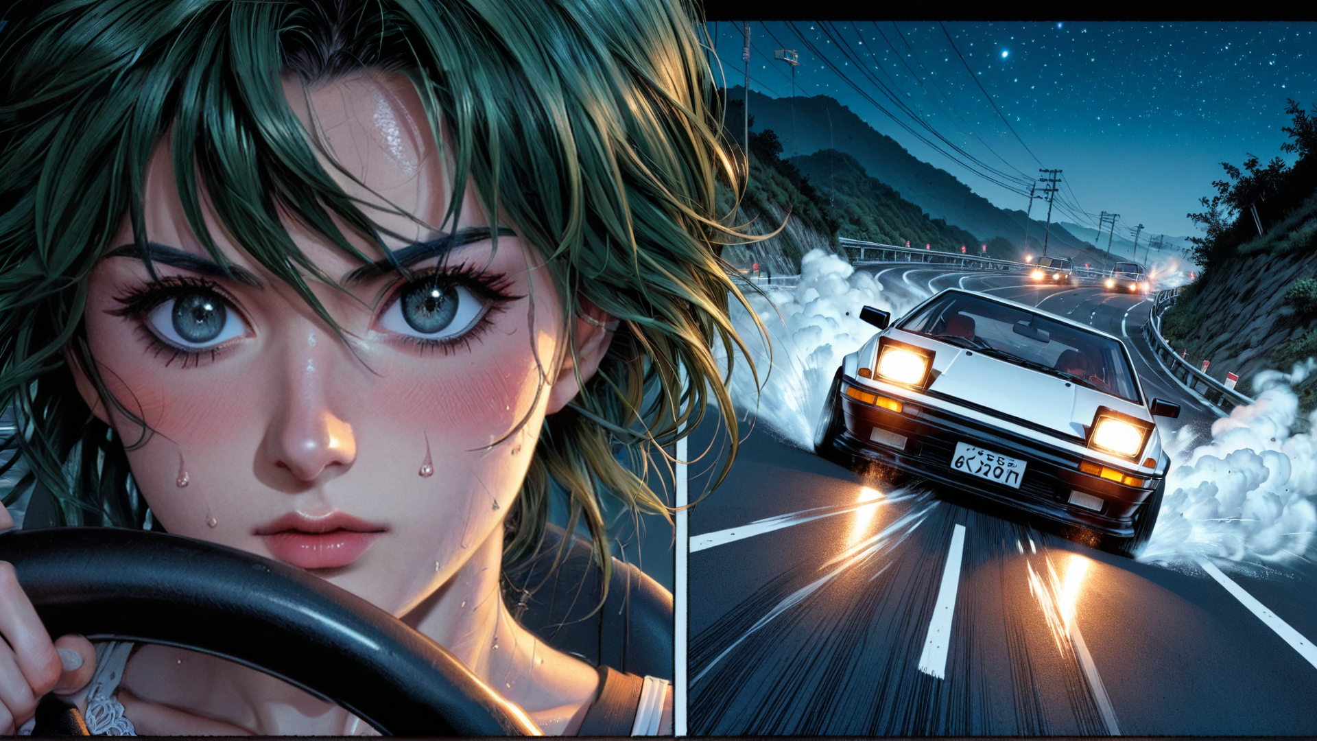 AI generated wallpaper featuring driver, car, road, night, mountain, windshield, steering wheel