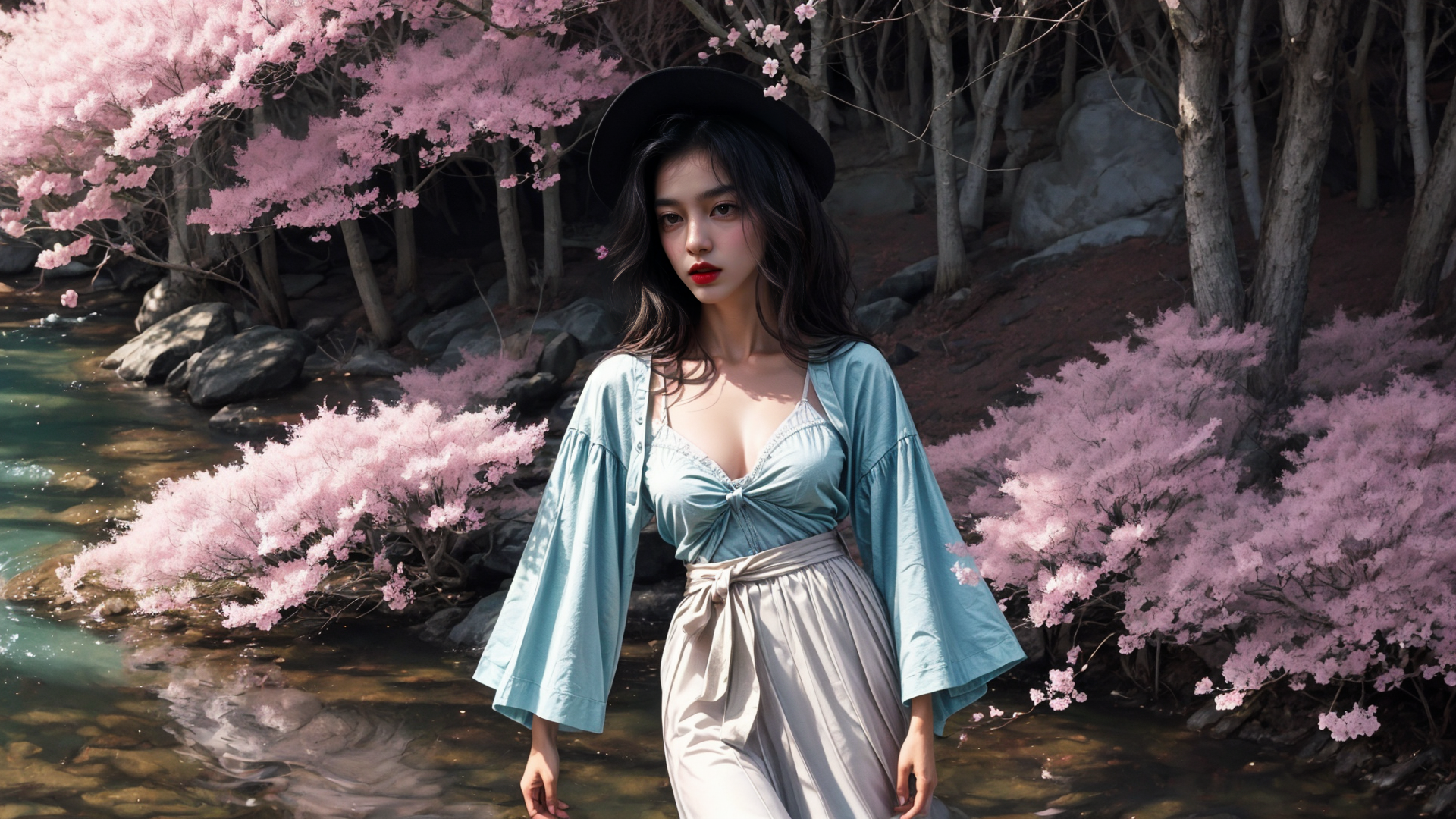 AI generated wallpaper featuring woman, cherry blossoms, river