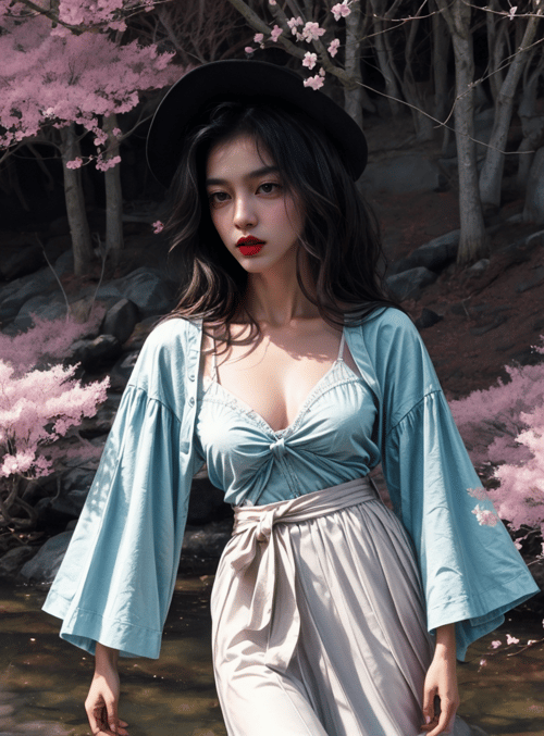 woman, cherry blossoms, river