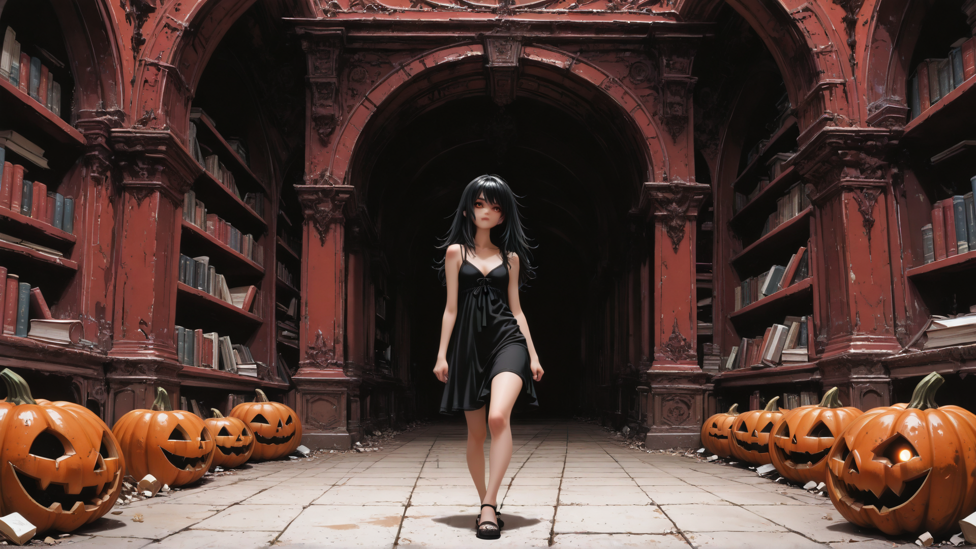 AI generated wallpaper featuring girl, pumpkin, bookshelf, library, dress