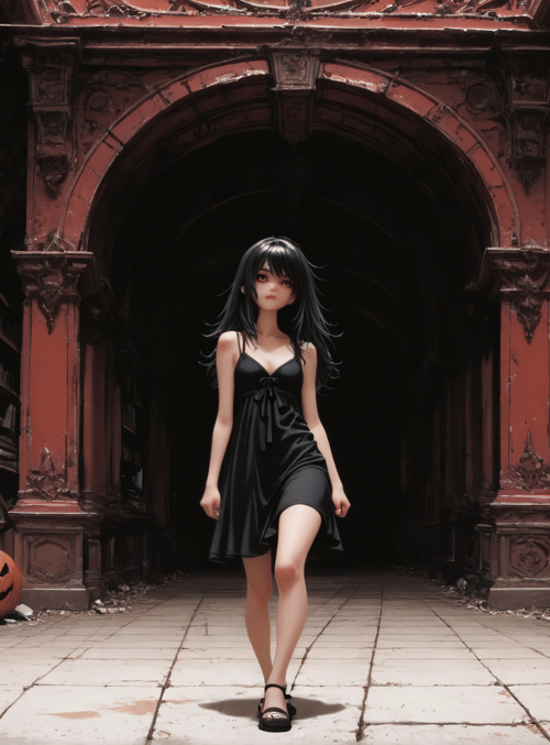 girl, pumpkin, bookshelf, library, dress