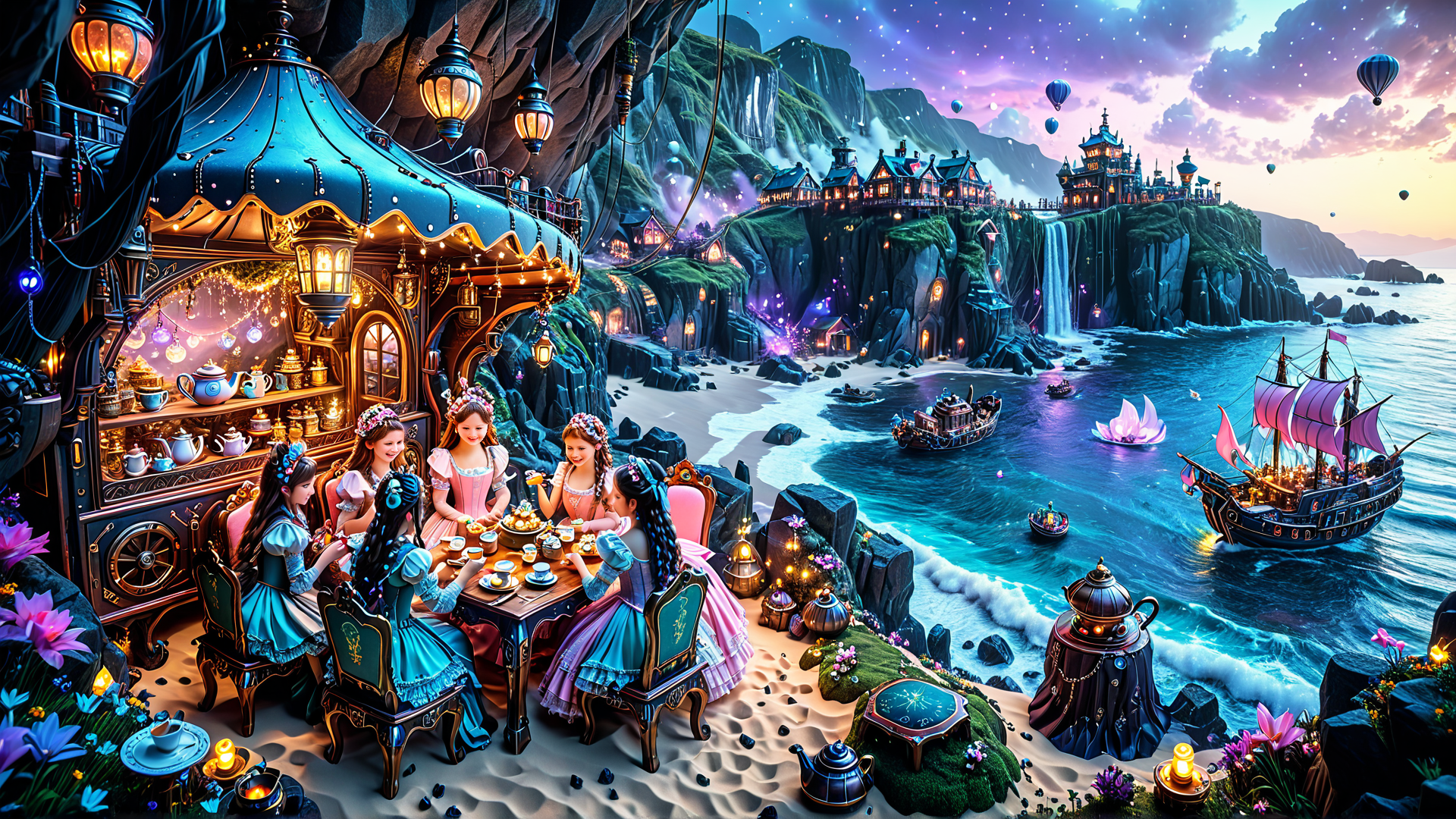 AI generated wallpaper featuring girls, teahouse, cliffs