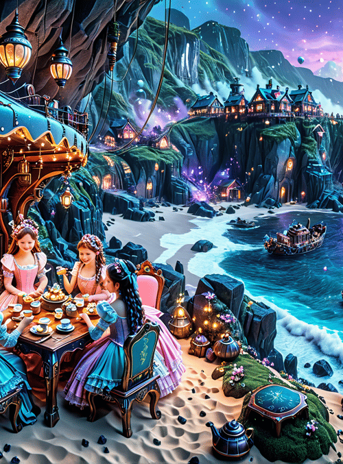 girls, teahouse, cliffs