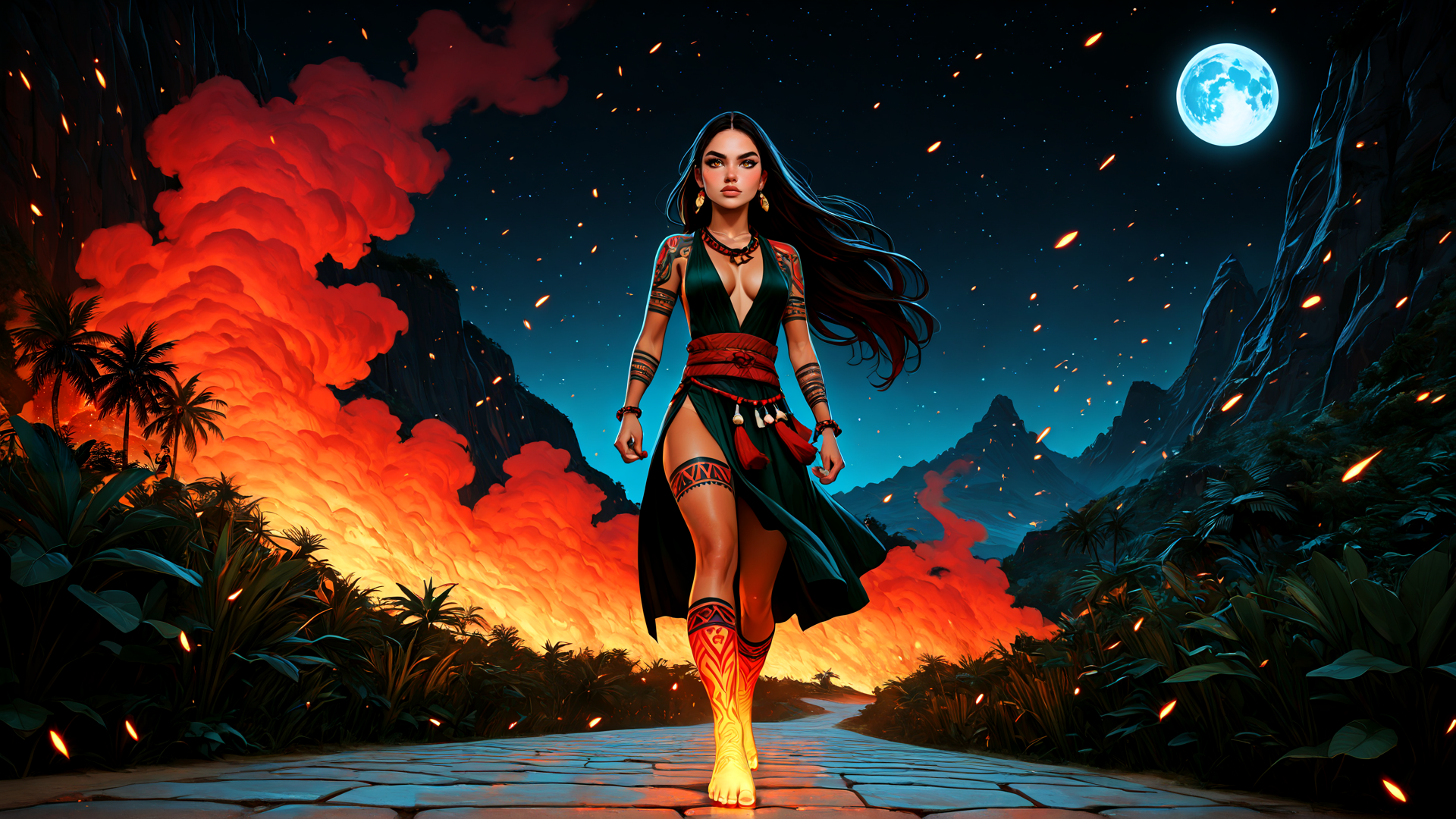 AI generated wallpaper featuring woman, tattoo, moon, fire, pathway, palm tree, mountain, sandal, goddess, jewelry