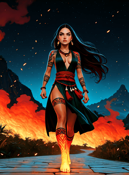 woman, tattoo, moon, fire, pathway, palm tree, mountain, sandal, goddess, jewelry