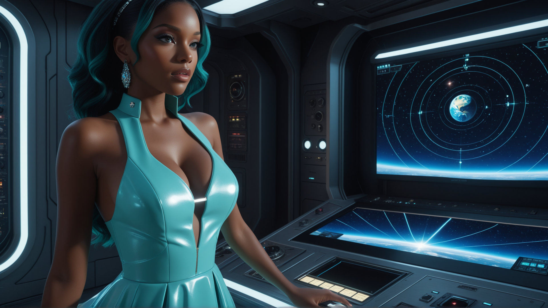 AI generated wallpaper featuring woman, spaceship, screen, dress, hair
