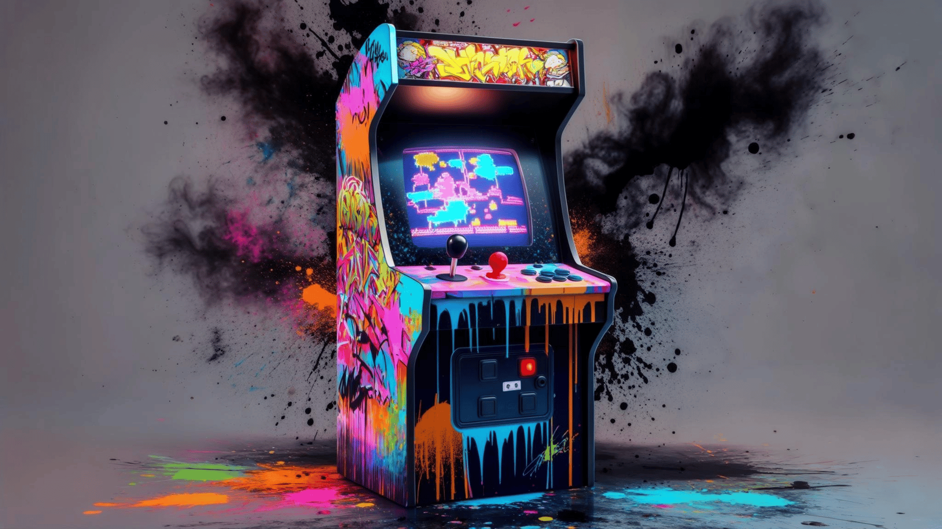 AI generated wallpaper featuring arcade machine, graffiti, spray paint, neon, screen