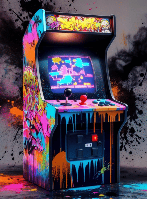 arcade machine, graffiti, spray paint, neon, screen