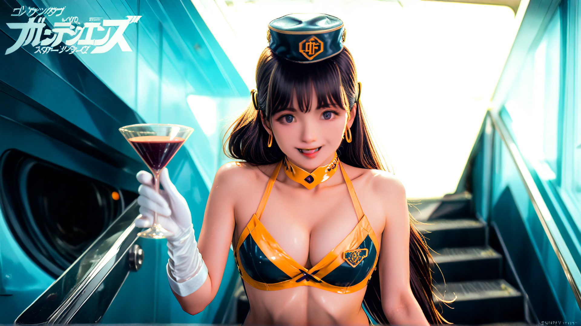 AI generated wallpaper featuring server, woman, wine glass, uniform, gloves, hat, choker, bikini top, long hair, steps