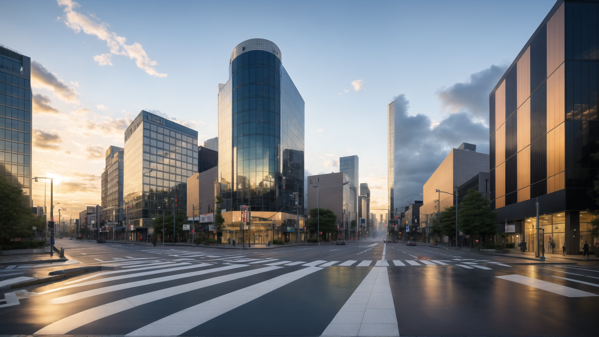 AI generated wallpaper featuring city, street, buildings, crosswalk, skyscraper, road, trees, sunset, sky, clouds