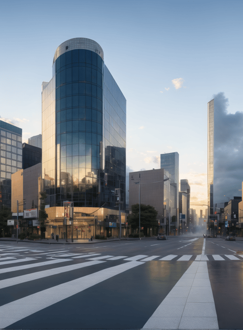 city, street, buildings, crosswalk, skyscraper, road, trees, sunset, sky, clouds
