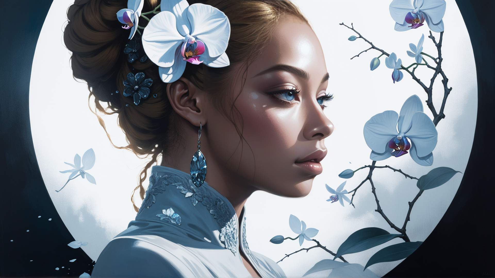 AI generated wallpaper featuring woman, orchid, branch