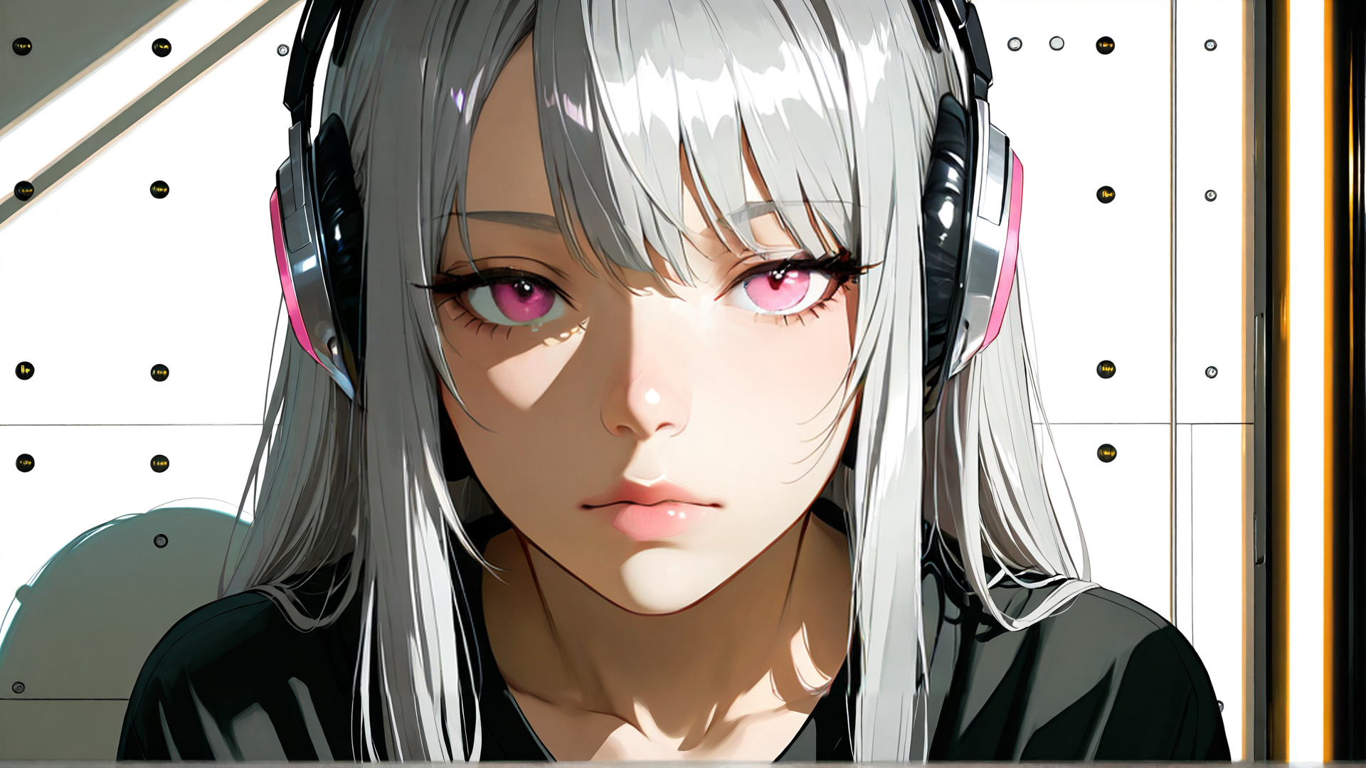 AI generated wallpaper featuring anime girl, headphones, silver hair, pink eyes