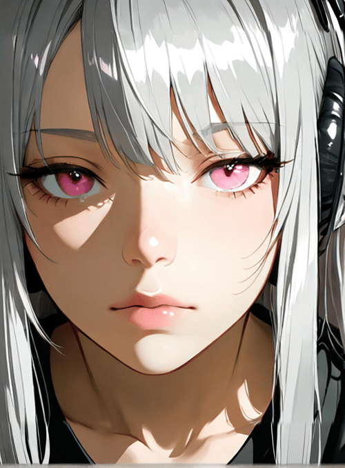 anime girl, headphones, silver hair, pink eyes