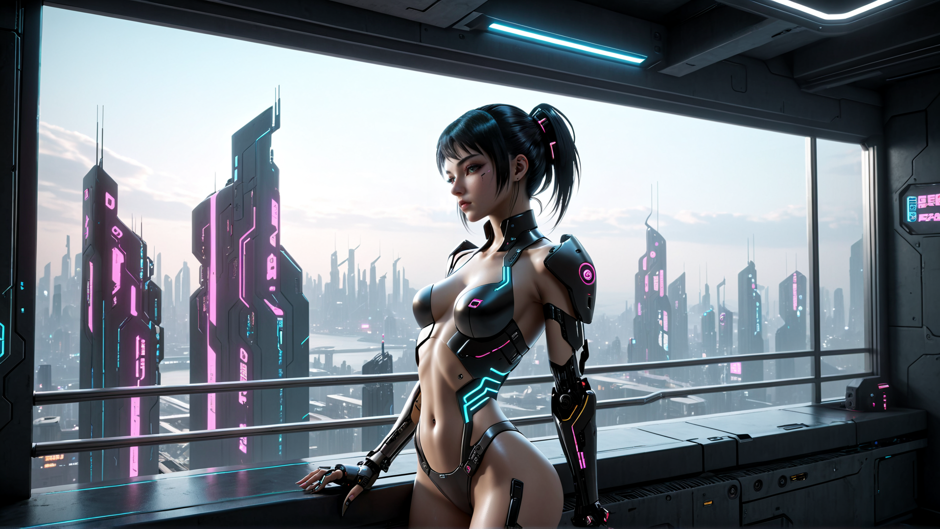 AI generated wallpaper featuring cyborg, woman, cityscape