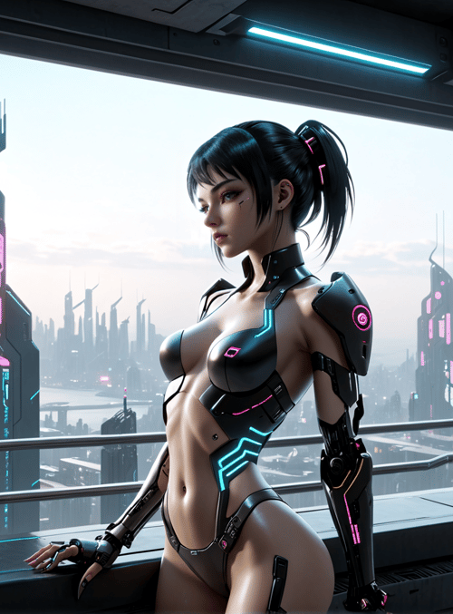 cyborg, woman, cityscape