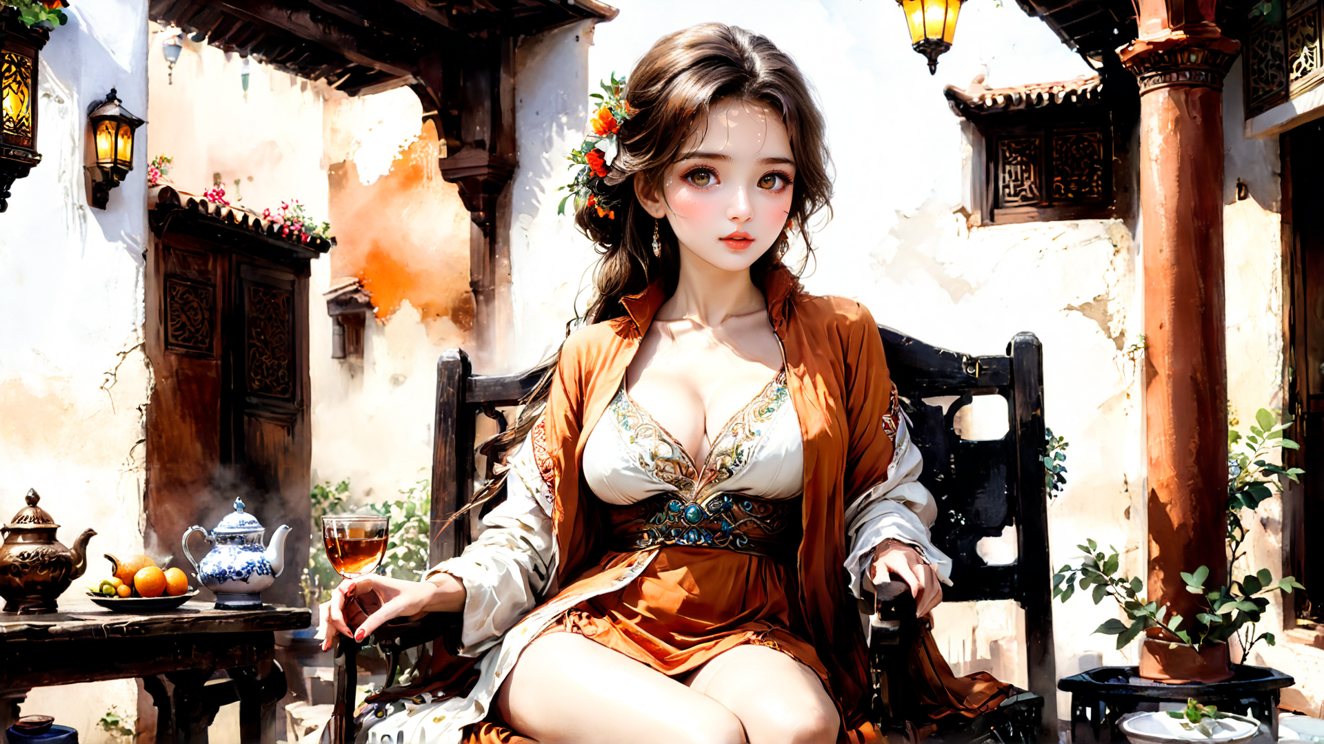 AI generated wallpaper featuring woman, teahouse, garden