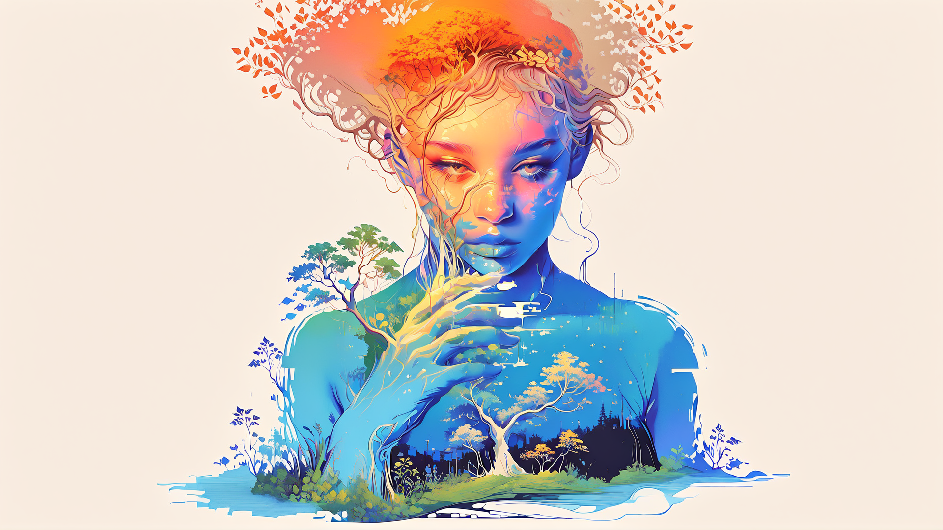 AI generated wallpaper featuring woman, tree, nature