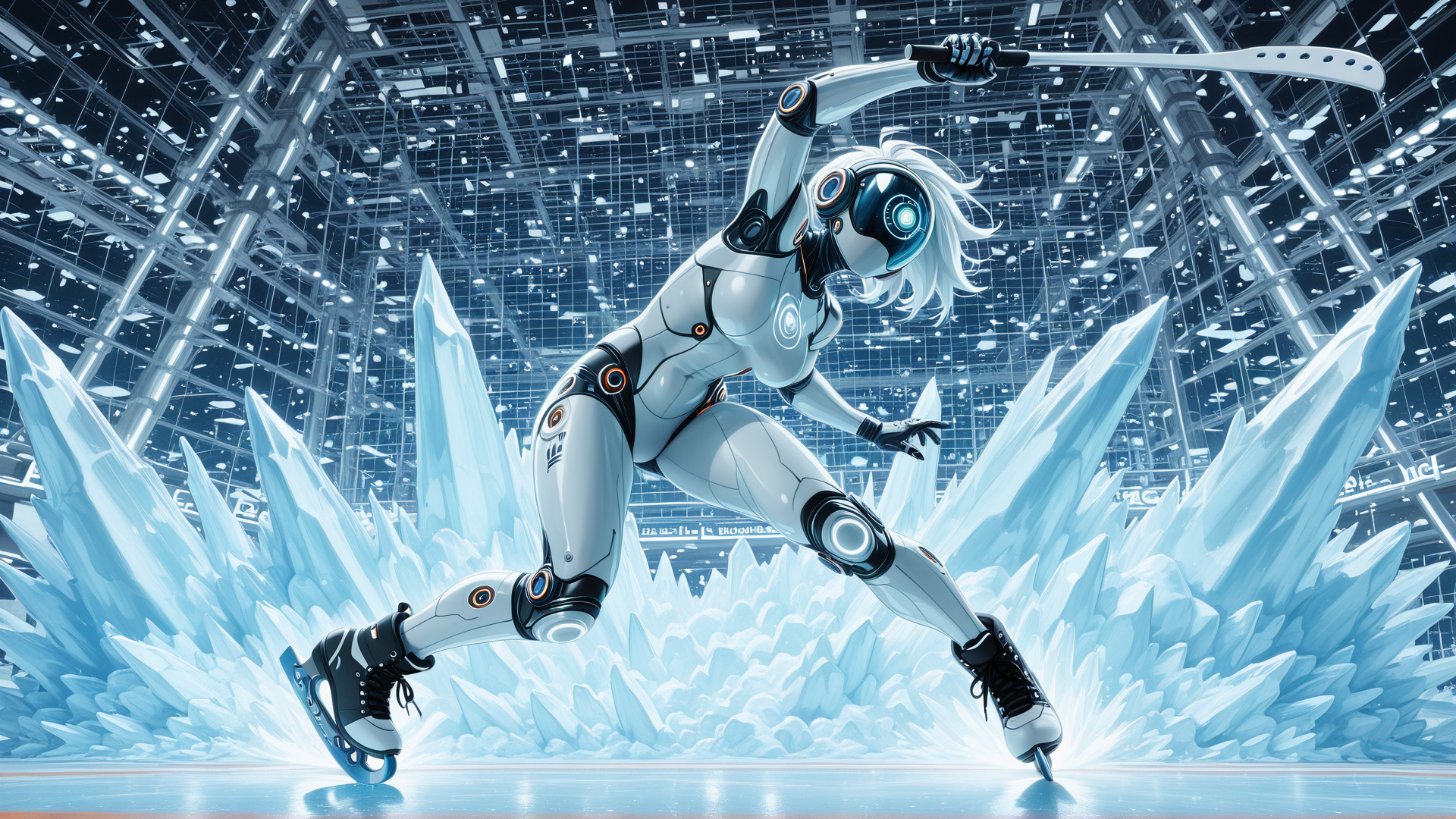 AI generated wallpaper featuring robot, ice skater, sword, crystals, ice rink, cyborg, futuristic, anime, mechanical, sleek