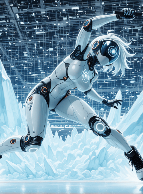 robot, ice skater, sword, crystals, ice rink, cyborg, futuristic, anime, mechanical, sleek