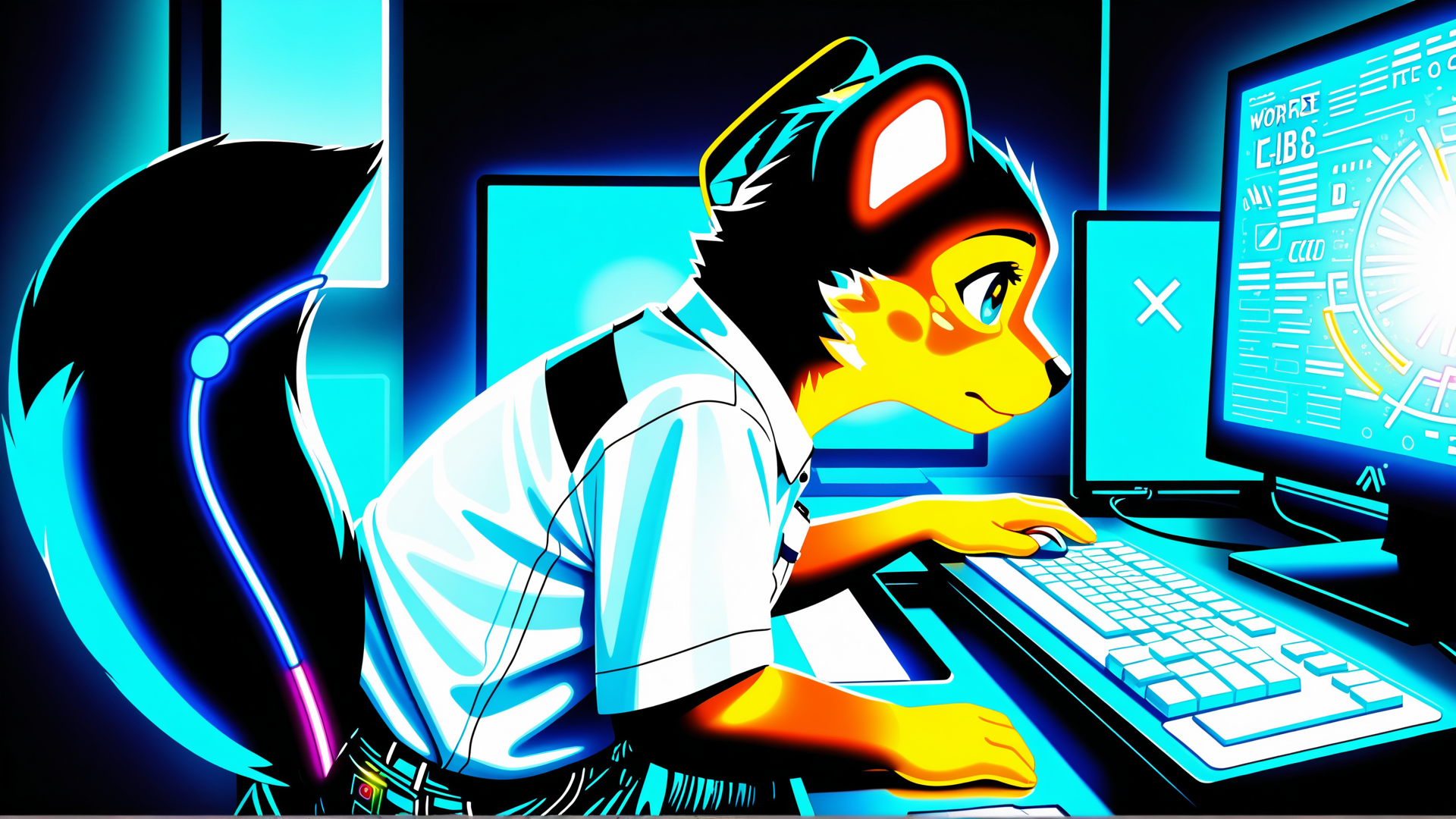 AI generated wallpaper featuring fox, gamer, computer, keyboard, monitor, mouse, headphones, workspace
