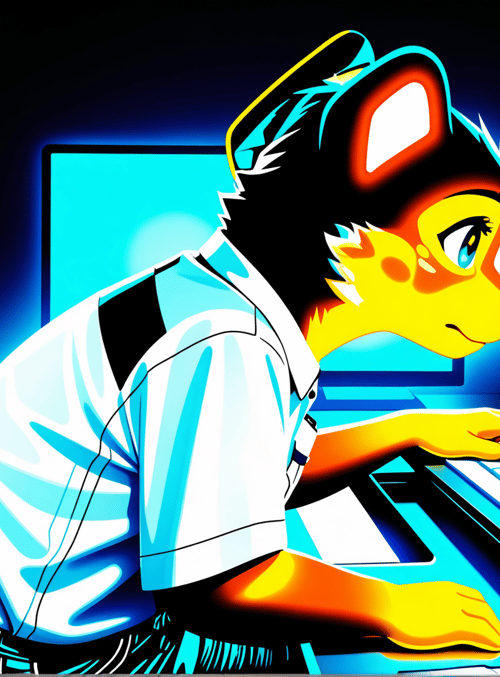 fox, gamer, computer, keyboard, monitor, mouse, headphones, workspace
