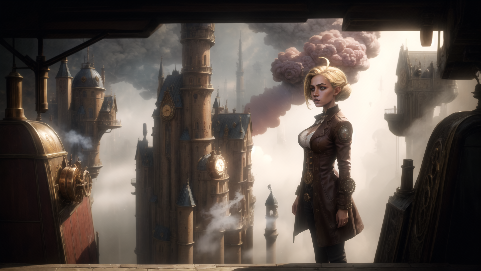 AI generated wallpaper featuring woman, cityscape, steampunk