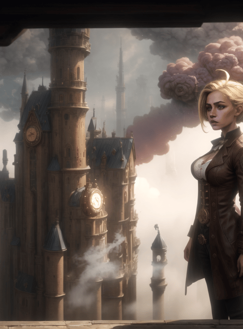 woman, cityscape, steampunk