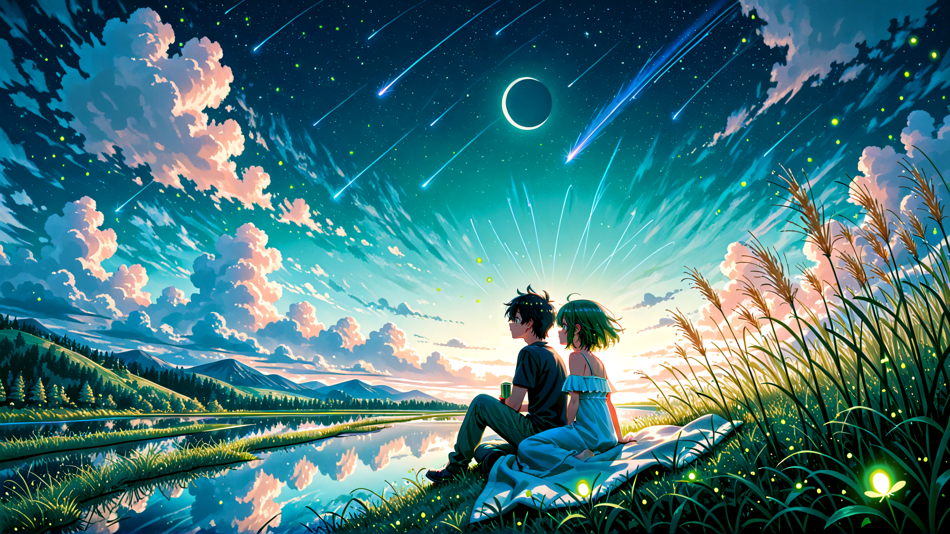 AI generated wallpaper featuring boy, girl, sky, fireflies, lake, mountains, grass, clouds, comet, moon