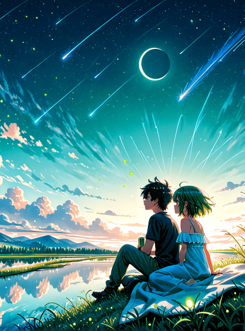 boy, girl, sky, fireflies, lake, mountains, grass, clouds, comet, moon
