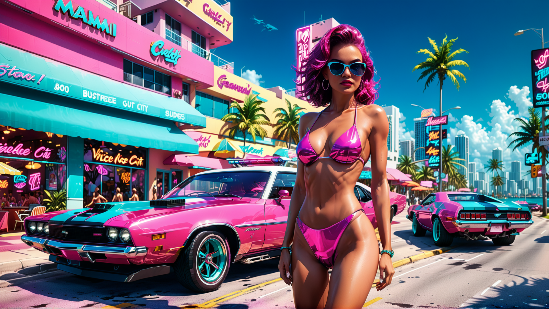 AI generated wallpaper featuring woman, cars, street
