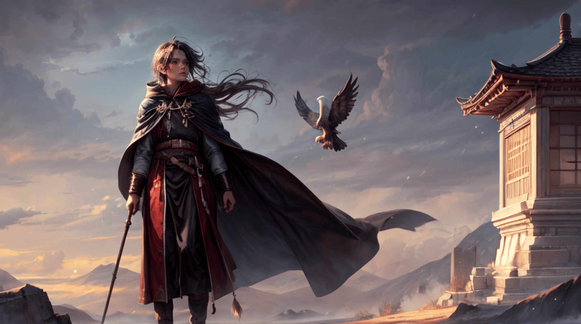 AI generated wallpaper featuring noble, eagle, pagoda