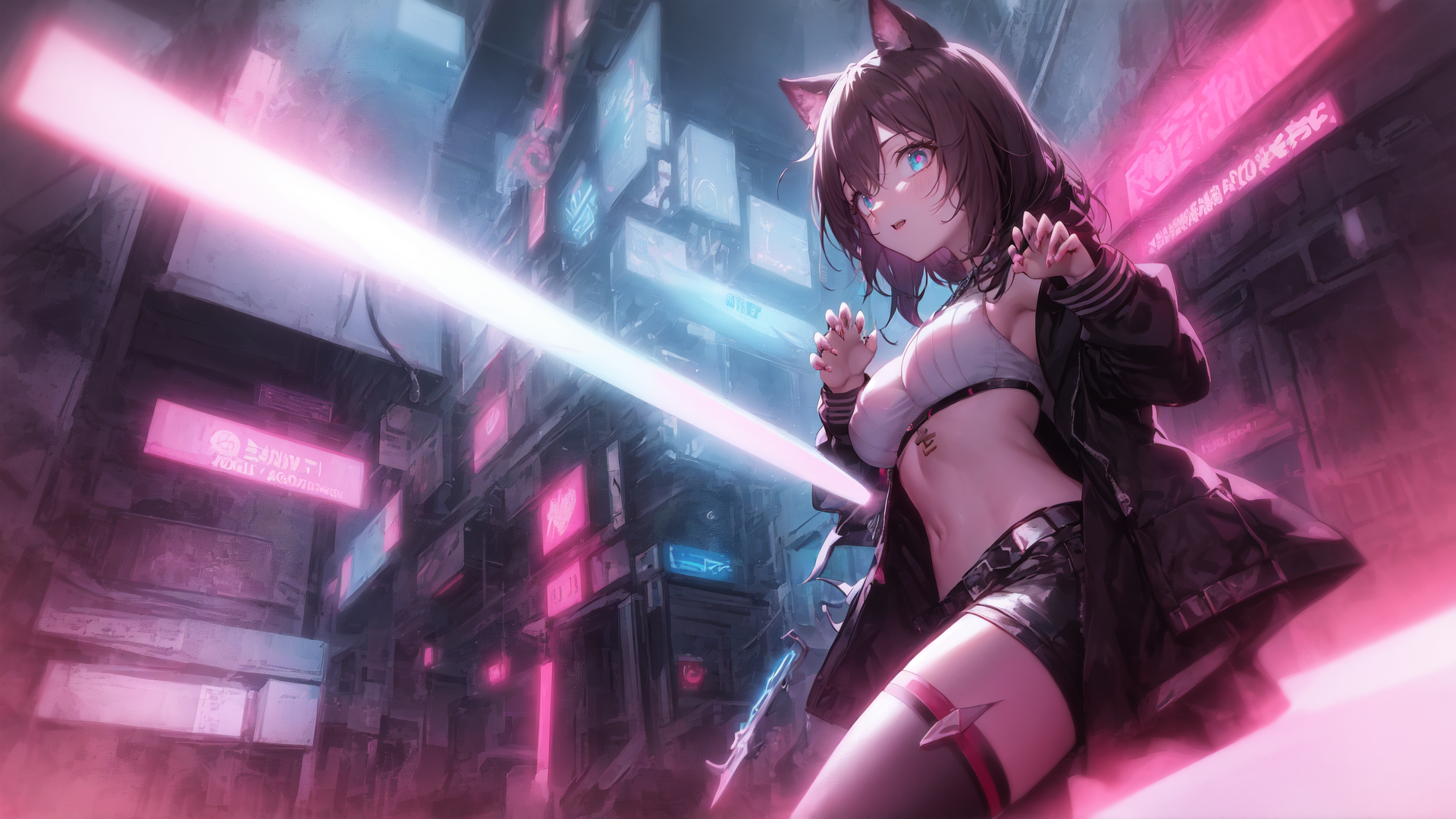 AI generated wallpaper featuring cat-eared girl, neon city