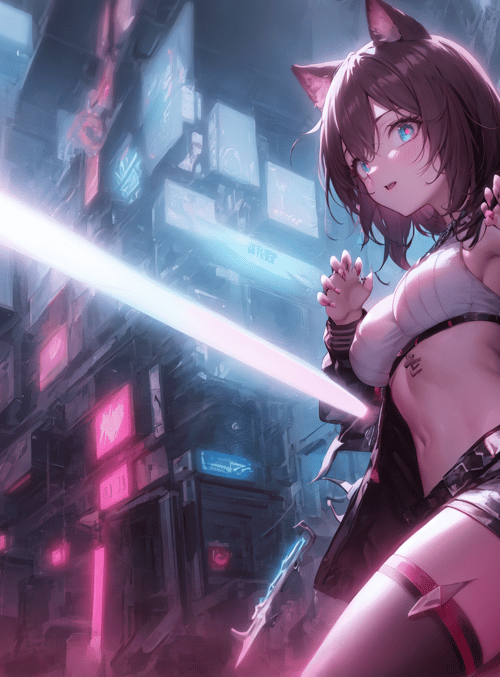 cat-eared girl, neon city