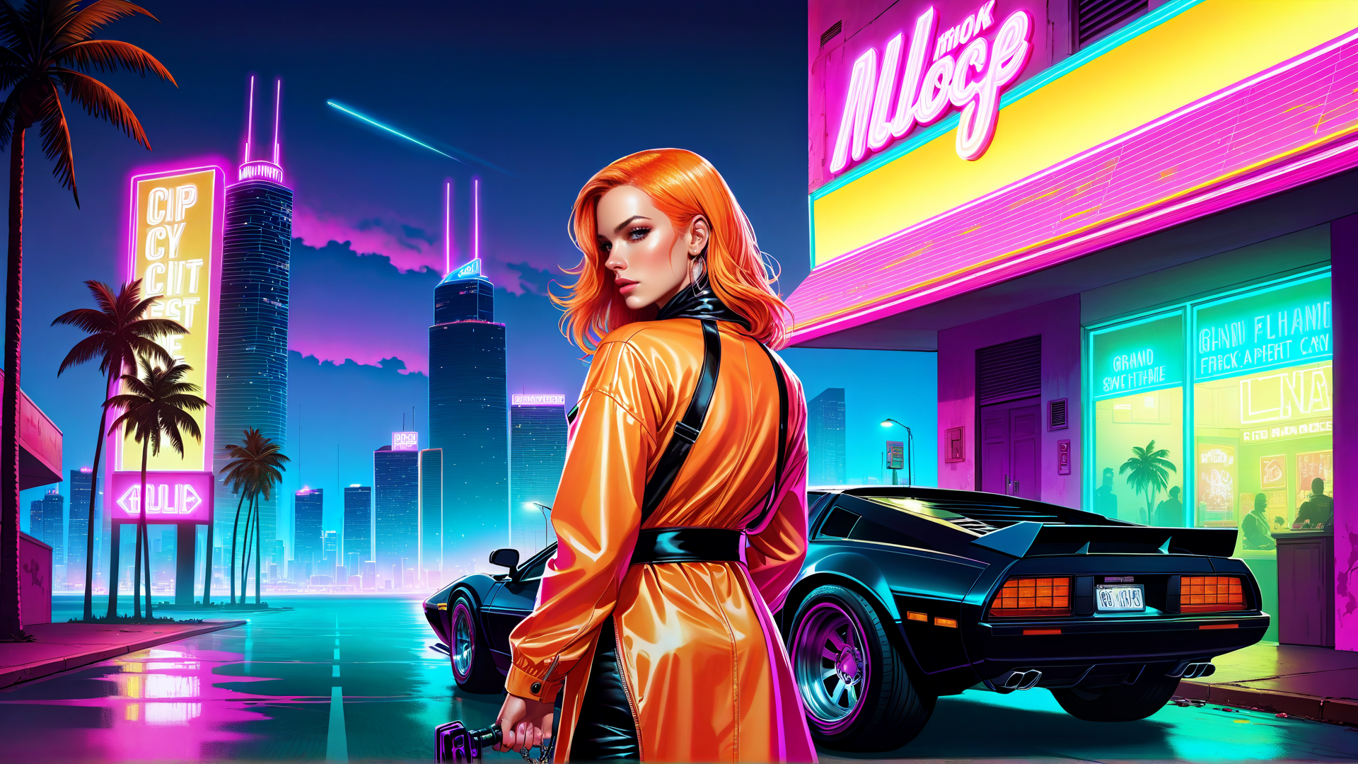 AI generated wallpaper featuring woman, car, cityscape