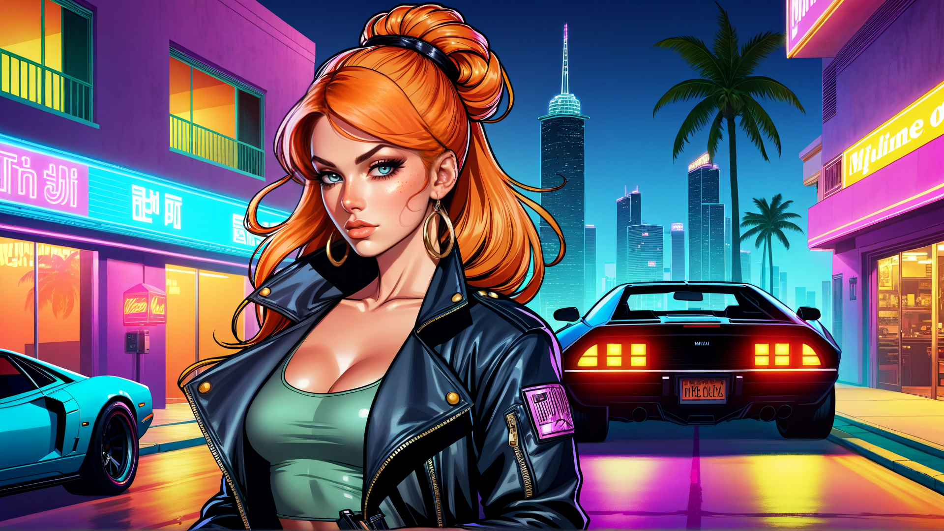 AI generated wallpaper featuring woman, car, city, neon, palm tree